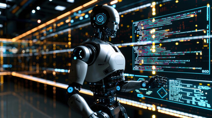 Fototapeta premium Artificial Intelligence Robot Interacting with Digital Interface