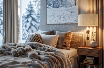 Bedroom interior design, featuring soft lighting and winter snow outside the window