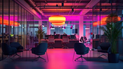 Nighttime modern office illuminated by neon lights. Ai generated