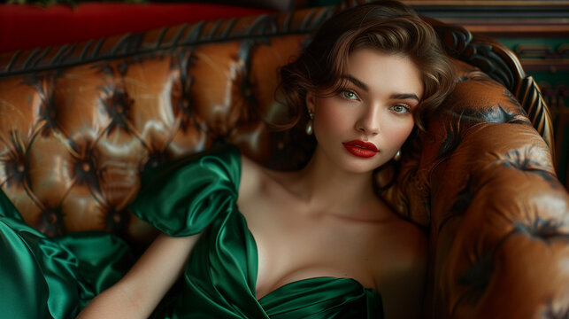A fashionable young woman in a striking emerald green dress reclining in an elegant cafe
