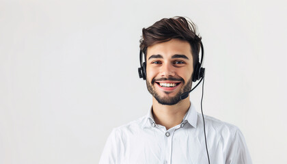 Friendly Customer Support Representative with Headset Over White Background