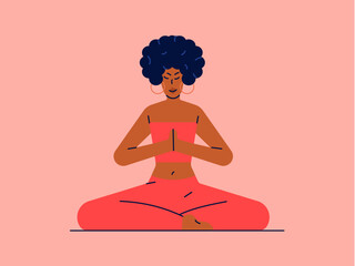 A dark-skinned woman meditates in the lotus position. Vector illustration of a girl meditating