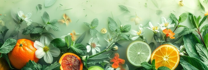 Promotional photo of soothing herbal teas, with lemongrass flowers, mint, hibiscus, orange peel, apple