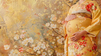 A Japanese woman in her final trimester wearing a soft yellow kimono