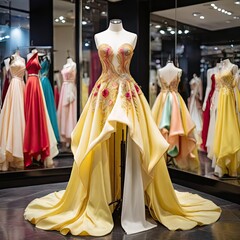 Numerous elegant pink, white, and yellow formal bras and evening dresses are available for sale at a luxury modern boutique, offering prom gowns, wedding attire, and eveningwear, along with bra dress  - obrazy, fototapety, plakaty