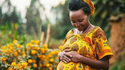 A Kenyan mother-to-be dressed in a traditional yellow Kitenge