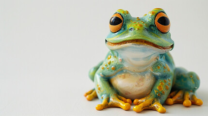 A little frog figurine painted in vivid greens and yellows