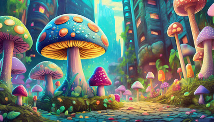  Oil painting style Mushrooms growing in the city - obrazy, fototapety, plakaty