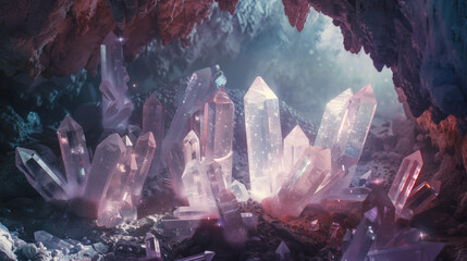 Ethereal image of a mystical cave filled with glowing, translucent crystals emanating a magical light