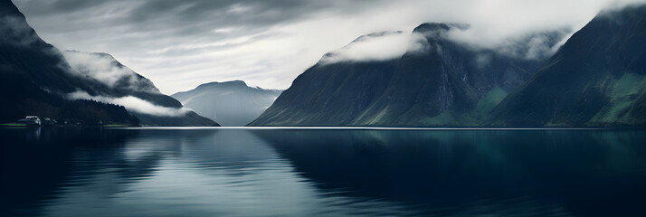 Dramatic Fjord Landscape Under a Dynamic Cloud Formation: A Mesmerizing Interaction of Water and Sky - obrazy, fototapety, plakaty