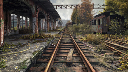 Fototapeta na wymiar Atmospheric Abandoned Train Station and Railway Tracks