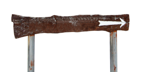 Old wooden direction sign with an arrow isolated on transparent background, png file