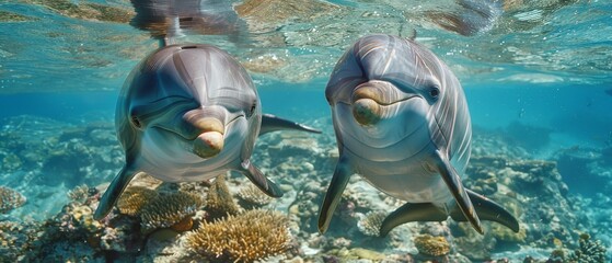 Two dolphins swim side by side with joyful grace, under the sunlit blue waters, showcasing the peaceful life under the sea.