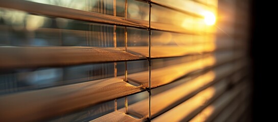 A closeup of the blinds in an office window, with sunlight filtering through them creating diagonal stripes on their surface Generative AI
