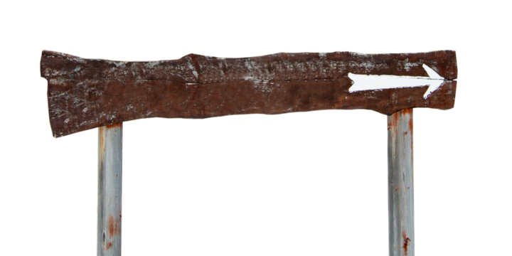 Old wooden direction sign with an arrow isolated on transparent background, png file