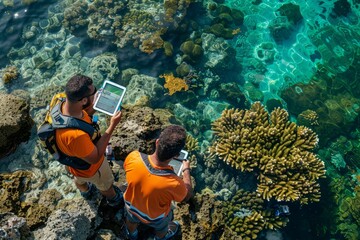 Two men standing together on top of a coral reef in a marine protected area, conducting a survey as part of a Greenpeace research team - obrazy, fototapety, plakaty