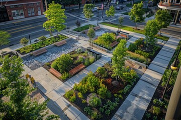 Aerial view showing green infrastructure project with rain gardens and permeable pavement to manage stormwater in urban area
