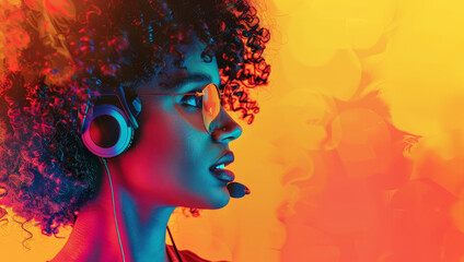 Young curly-haired woman with headphones and copy space