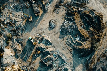 A birds eye view of a bustling construction site with workers, heavy machinery, and building materials in motion
