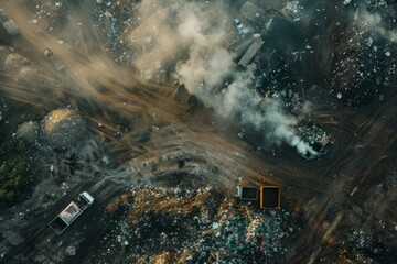 An aerial perspective showing a large area with smoke billowing out, emphasizing the importance of waste management and recycling efforts