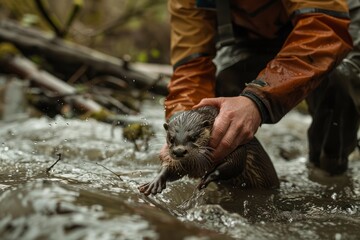 A biologist from Greenpeace is holding a rehabilitated otter in the water, reintroducing it into the river ecosystem - obrazy, fototapety, plakaty