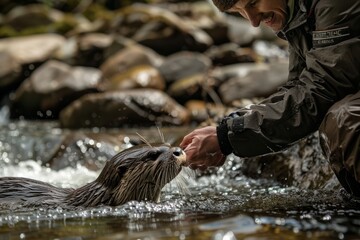 Greenpeace biologist feeding a rehabilitated otter in a pristine river ecosystem to promote wildlife reintroduction - obrazy, fototapety, plakaty