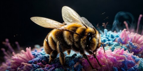   A bee on flower bed - obrazy, fototapety, plakaty