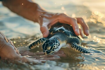 A Greenpeace volunteer gently releasing a rescued sea turtle back into the ocean