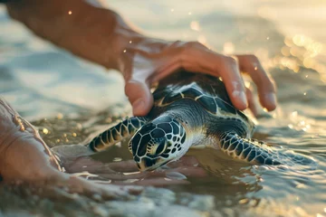 Fotobehang A Greenpeace volunteer gently releasing a rescued sea turtle back into the ocean © Ilia Nesolenyi