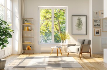 The living room is light and airy with white walls, large windows offering views of the outside, and light wooden floors