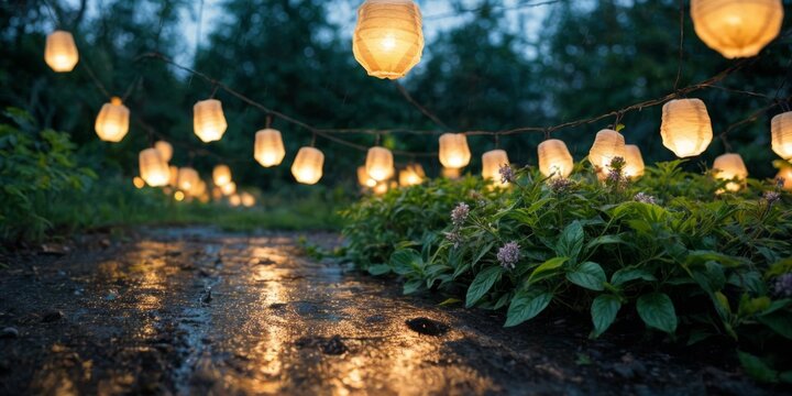   A group of paper lanterns dangle from a string of lights along a path flanked by vegetation