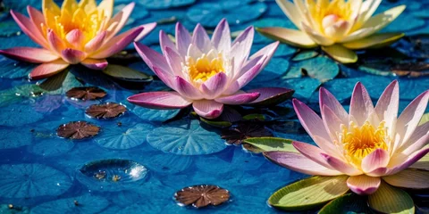 Foto op Canvas   A group of pink and yellow water lilies float on top of a blue pond, surrounded by more water lilies © Viktor