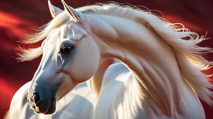 Portrait of a white Arabian stallion - obrazy, fototapety, plakaty