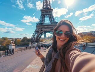 Woman Taking Selfie in Front of the Eiffel Tower