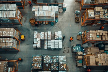 A bustling warehouse filled with boxes and pallets as workers are sorting and palletizing goods, highlighting the efficiency of logistics operations