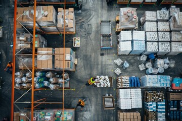 A warehouse filled with boxes and pallets, with workers sorting and palletizing goods, showcasing efficient logistics operations