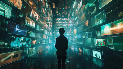 A visual narrative a person navigates through a digitally curated path of shows and songs guided by AI