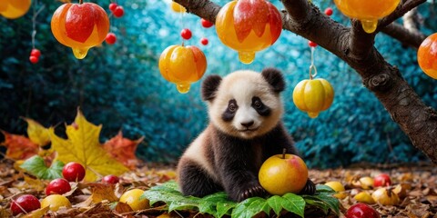 Obraz na płótnie Canvas A panda resting atop a pile of leaves adjacent to an orange-apple laden tree