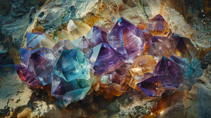 This detailed shot shows a rainbow-colored crystal cluster, dazzling with hues