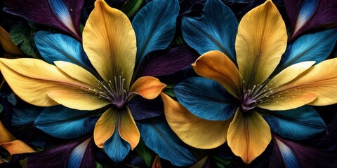   A photo of several vibrant flowers, including blue, yellow, and purple blossoms, fill the frame in sharp focus