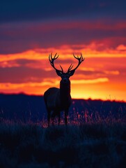 Deer silhouetted against a vibrant sunset sky