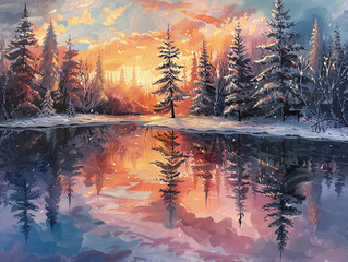 Fototapeta premium The silent beauty of a snowy pine forest at sunset its calm mirrored in the vibrant colors of the sky