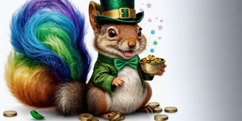   A painting depicts a squirrel in a green top hat, clutching a pot of gold coins and boasting a rainbow-hued tail