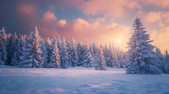 A landscape transformed Snow blankets a pine forest with the sunset sky casting a warm glow over the cold