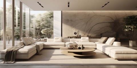 A stylish contemporary facade seamlessly blending into a modern living room interior, featuring sleek furniture, minimalist decor, and a neutral color palette, all depicted with realism in lifelike 3D
