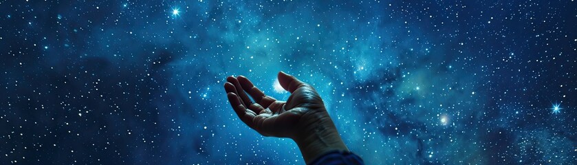 A hand reaching for a star in the night sky illustrating the pursuit and achievement of ones dreams - obrazy, fototapety, plakaty