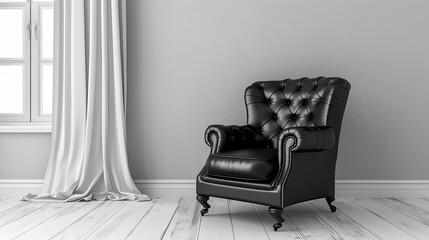 A luxury black leather armchair in an upscale minimalist interior setting