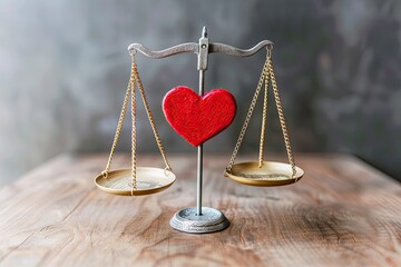 A minimalist design of a balance scale balancing a heart and a dollar sign exploring the balance between wealth and happiness - obrazy, fototapety, plakaty