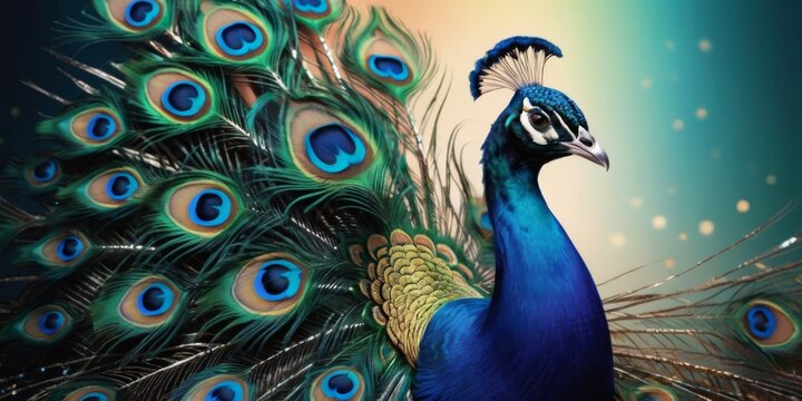   A painting of a peacock with its feathers spread out and tail feathers spread out, featuring feathers