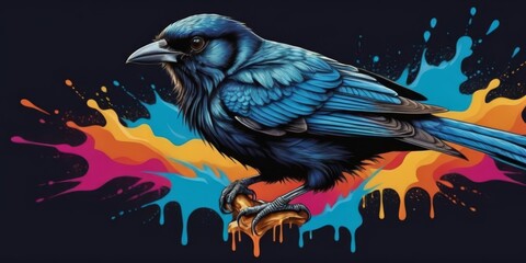 Fototapeta premium A blue bird perched atop an orange, pink, and blue splattered canvas against a dark background